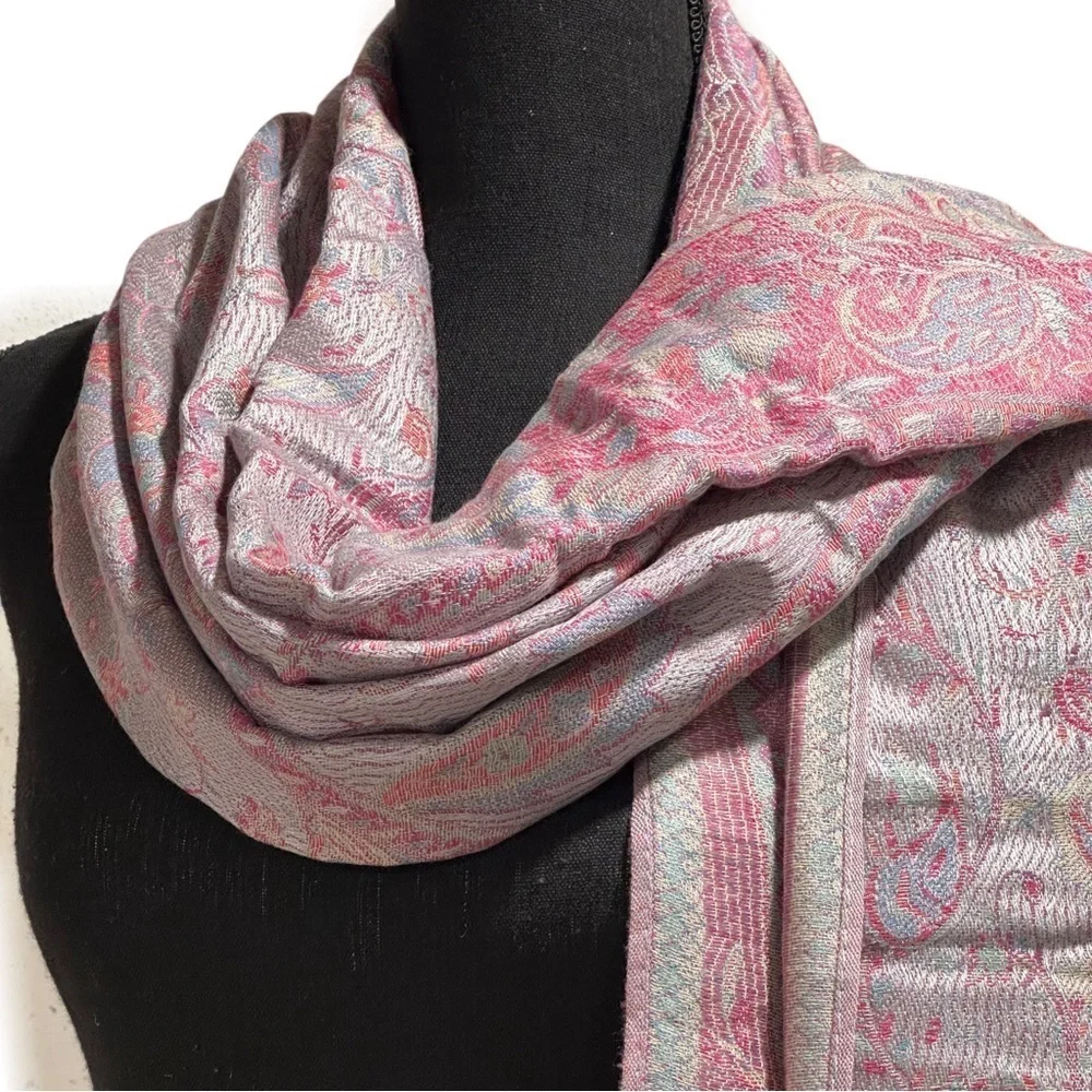 Elegant Shawl in Silver & Pink Paisley- Versatile Wrap, Scarf, Veil Soft Rayon